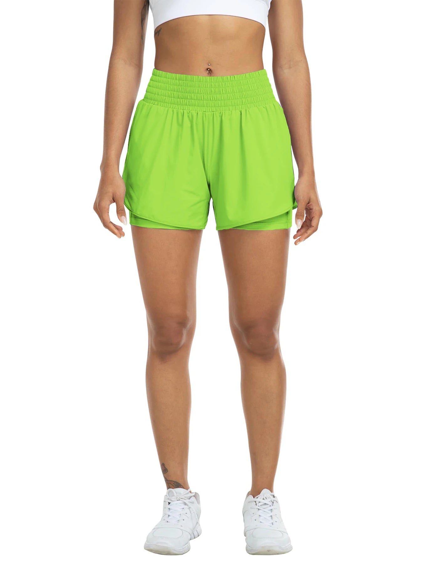Women's high-waisted athletic shorts for running, yoga, layered design, anti-exposure, fitness, and workout with pockets
