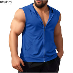 Summer New Men's Workout Hooded Tank Tops Zip-up Sleeveless Gym Bodybuilding Tees Muscle Tops Male Streetwear Casual Sweatshirts