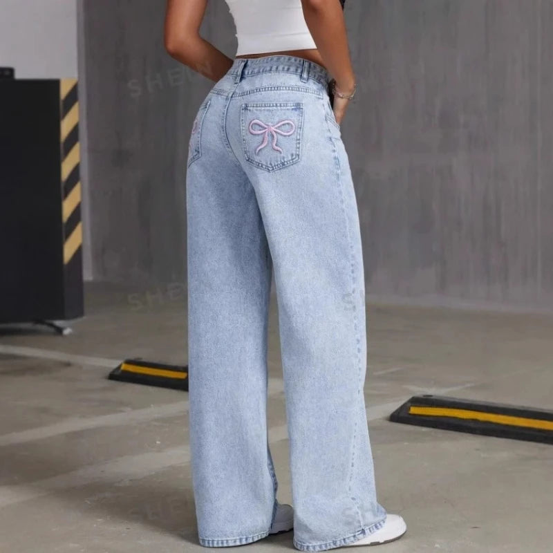 Mens Jeans Vintage Bow Embroidery Washed Denim Pants Harajuku Unisex Loose Fit Straight Leg Streetwear Casual Fashion Trend New