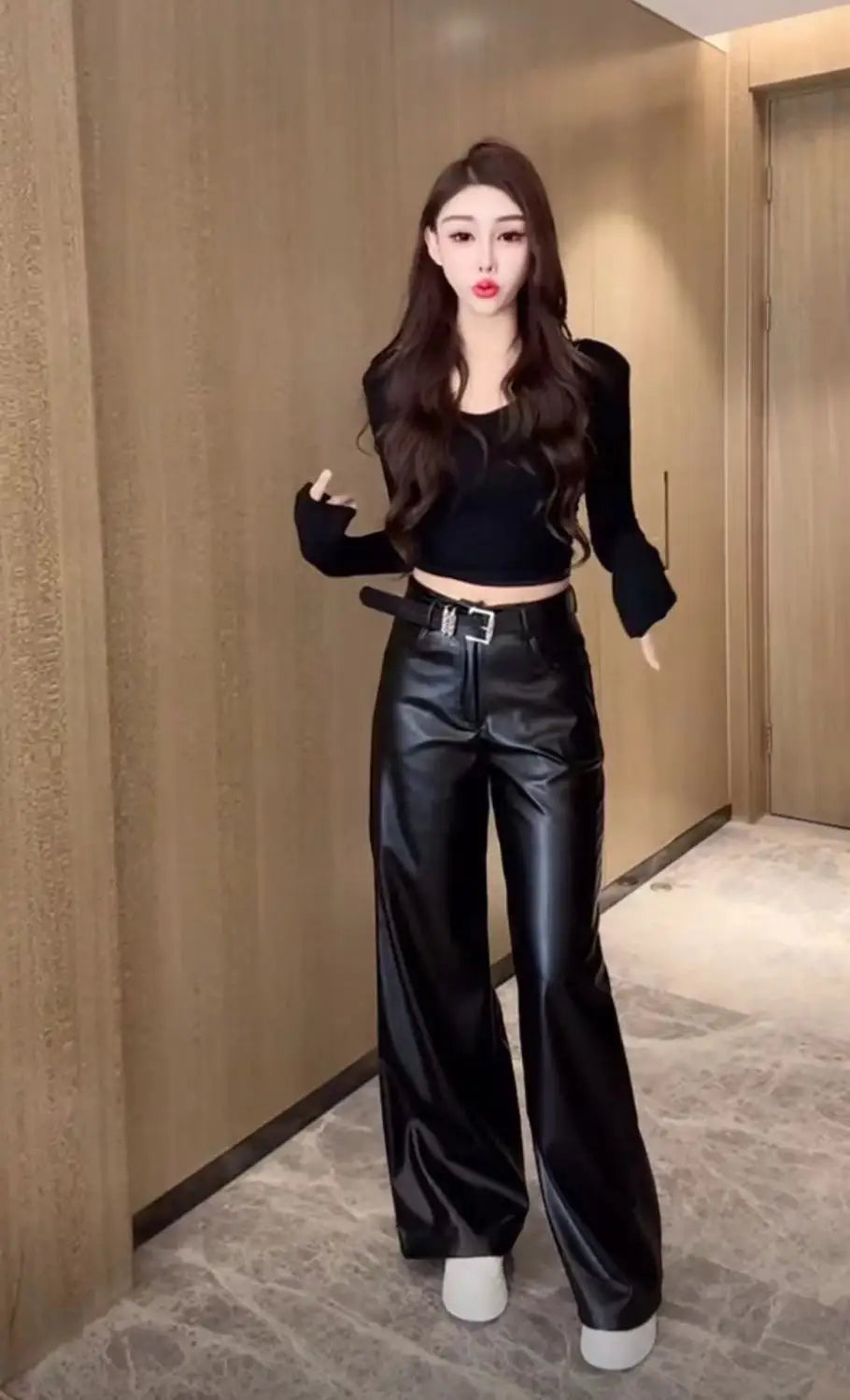 Black PU Leather Flare Pants