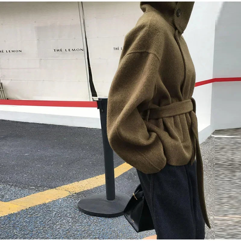 2025 Autumn Woolen Coats Women Casual Double Breasted Stand Collar Female Office Short Jackets Chic Lady Loose Street Outwear