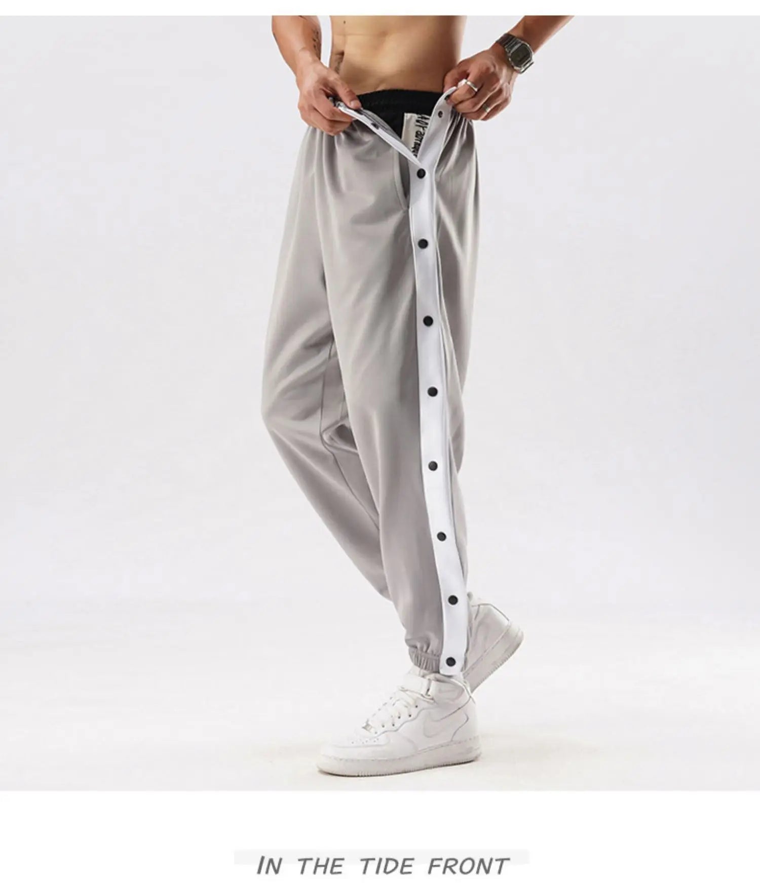 Men Jogger Pants Contrast Color Sides Buttons Stretch Workout Long Trousers Casual Sports Sweatpants Streetwear
