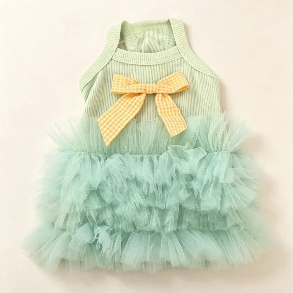 1pc Summer breathable pet dress, paired with checkered bow camisole skirt, sleeveless vest, cat and dog clothing