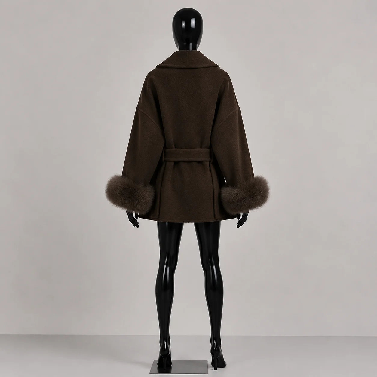 Women's Wool Coat with Fur Cuffs Minimalist Soft Wool High Fashion Belted Winter Fur Trim Coat Old Money Style Natural Fur Coat