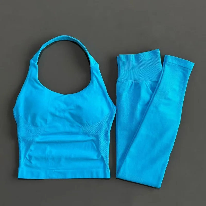 Women Yoga Set Seamless Sports Halter Neck Top Waist Trainer Leggings Suit Squat Proof Butt Lifting Workout Fitness Gym Clothing