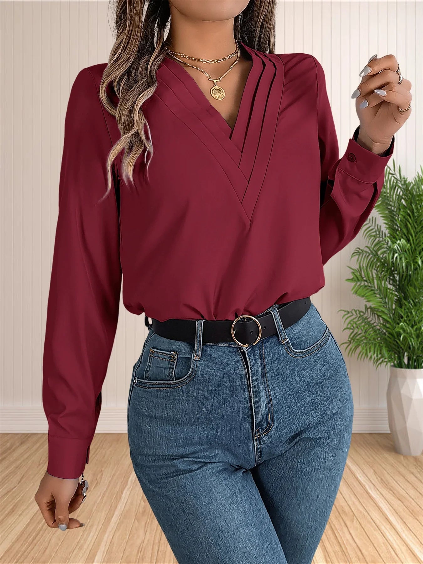 Elegant Layered V-Neck Work Blouse