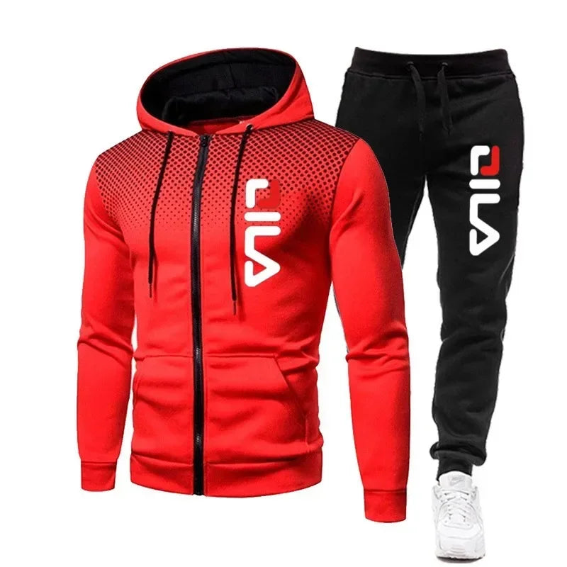 Mens Tracksuits+Sweatpants Two Pieces Suits 2025 Winter Print Zipper Hooded Sweatshirt Casual Fitness Jogging Sports Pants Sets