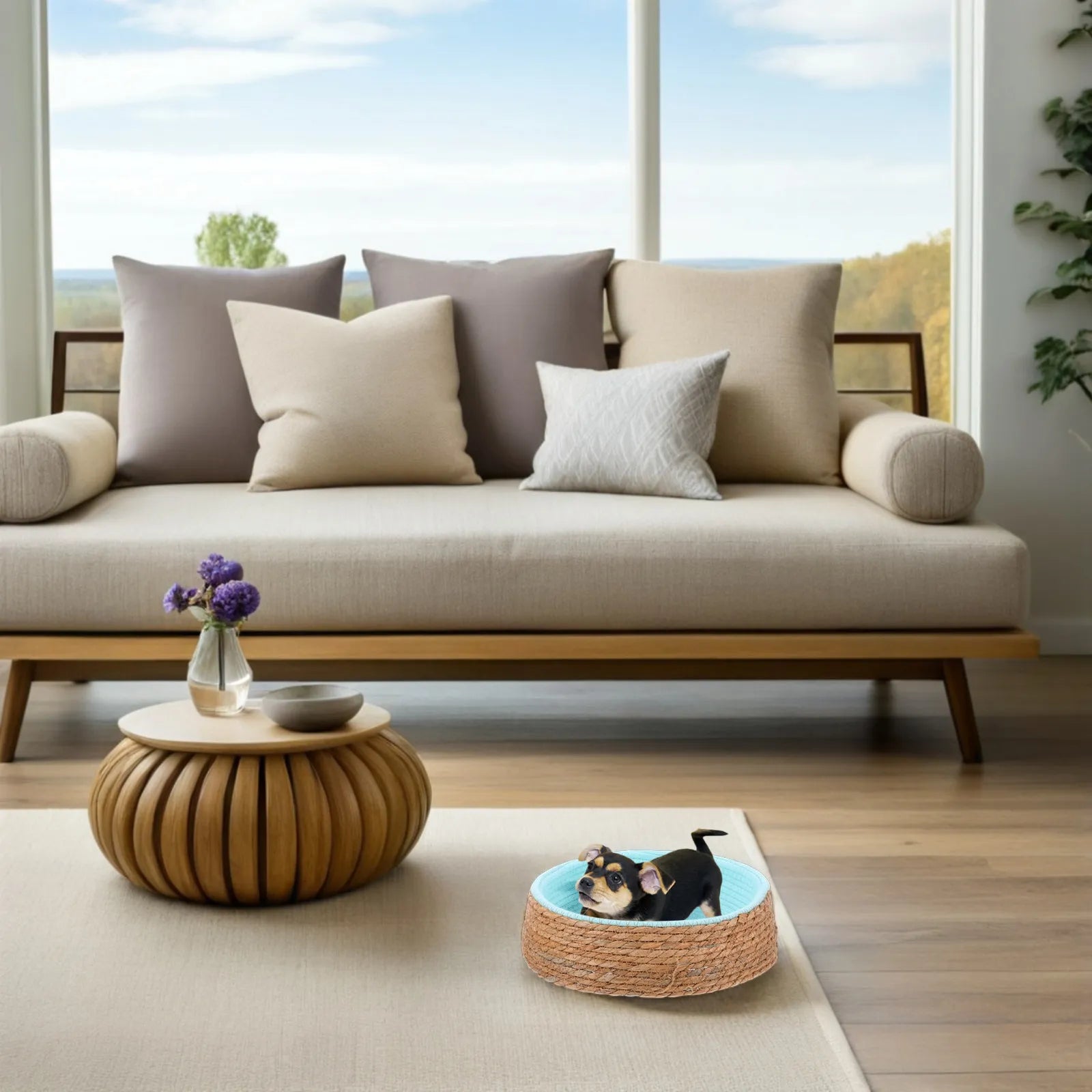 Pet Wicker Round Bed Natural Handwoven Breathable Cozy Sleeping Cushion for Small Dogs Cats Puppies Pets