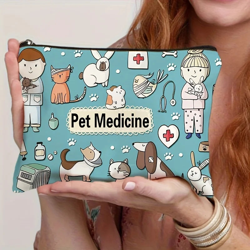 Pet Medicine Travel Organizer Pouch - Light Blue Polyester Cosmetic & Toiletry Bag with Cute Dog & Cat Illustrations