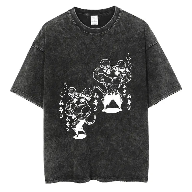 Vintage Washed T-shirts 100% Cotton Gym Muscle Rat Print Crew Neck Tshirts Casual Goth Hip Hop Streetwear Women Men Summer Tee