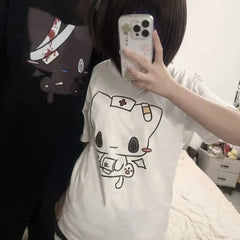 Women Men T Shirts Cartoon Printed Funny Couple Sweet Short Sleeve O Neck Loose Y2k Harajuku Tops Female Casual Tshirt