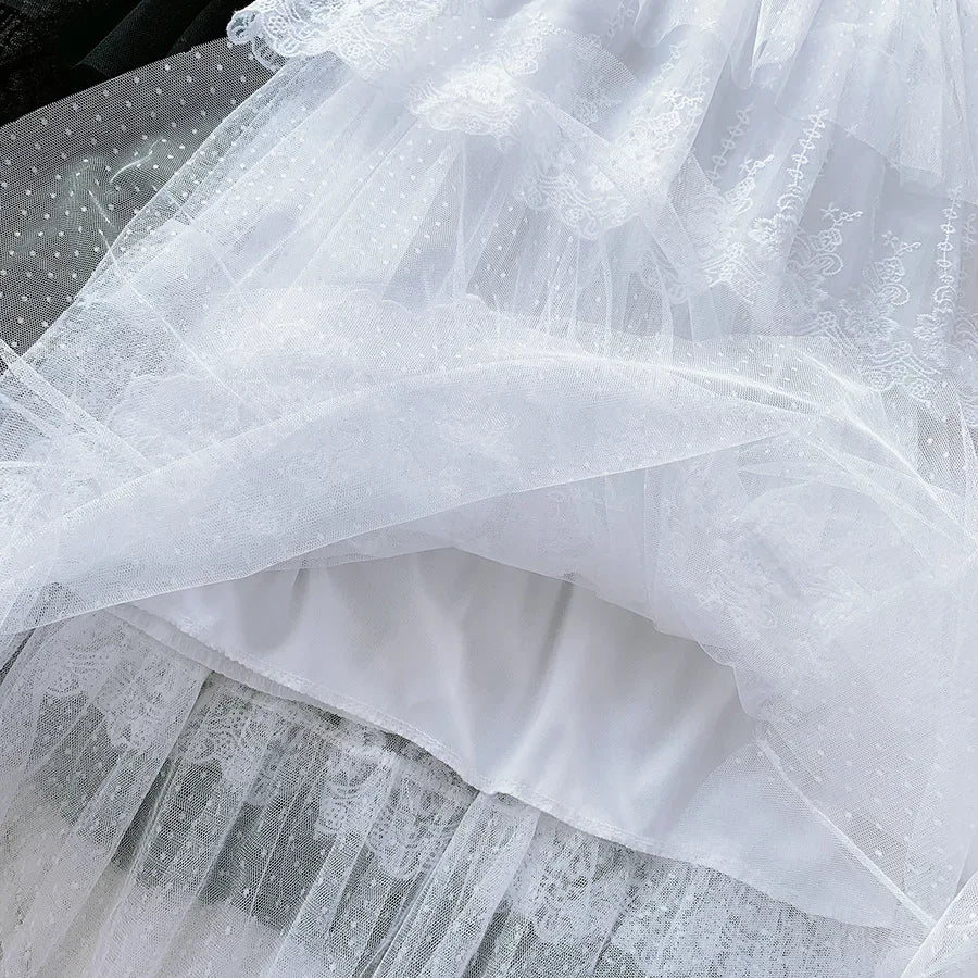 Women Skirts Cake-Style Skirt Spring Summer Fashion Lace Skirts Ladies High-Waisted Slimming Long Lace Skirt Elegant Tulle Skirt