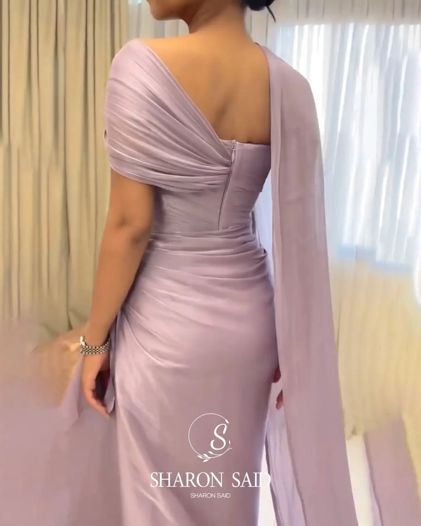 Lilac Draped One Shoulder Evening Gown