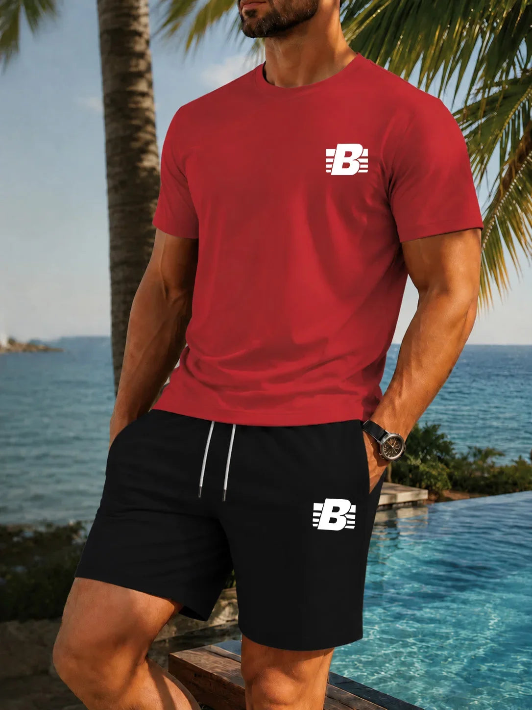 Men's 2-Piece Tracksuit Casual Sportswear Set Short Sleeve T-Shirt + Shorts Quick Dry Breathable Gym Fitness Running Outfit