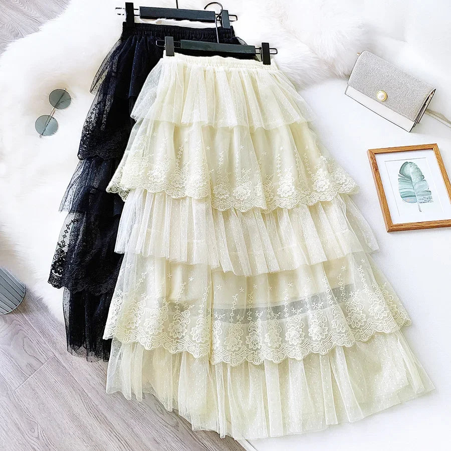 Women Skirts Cake-Style Skirt Spring Summer Fashion Lace Skirts Ladies High-Waisted Slimming Long Lace Skirt Elegant Tulle Skirt