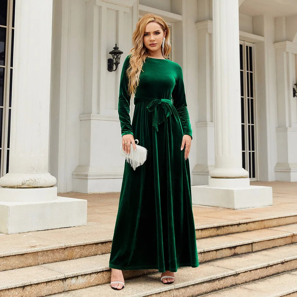 Women's Elegant A-Line Velvet Dress for Wedding Guest Prom Party Wedding Party, Long Sleeve Round Neck Belted Full Skirt