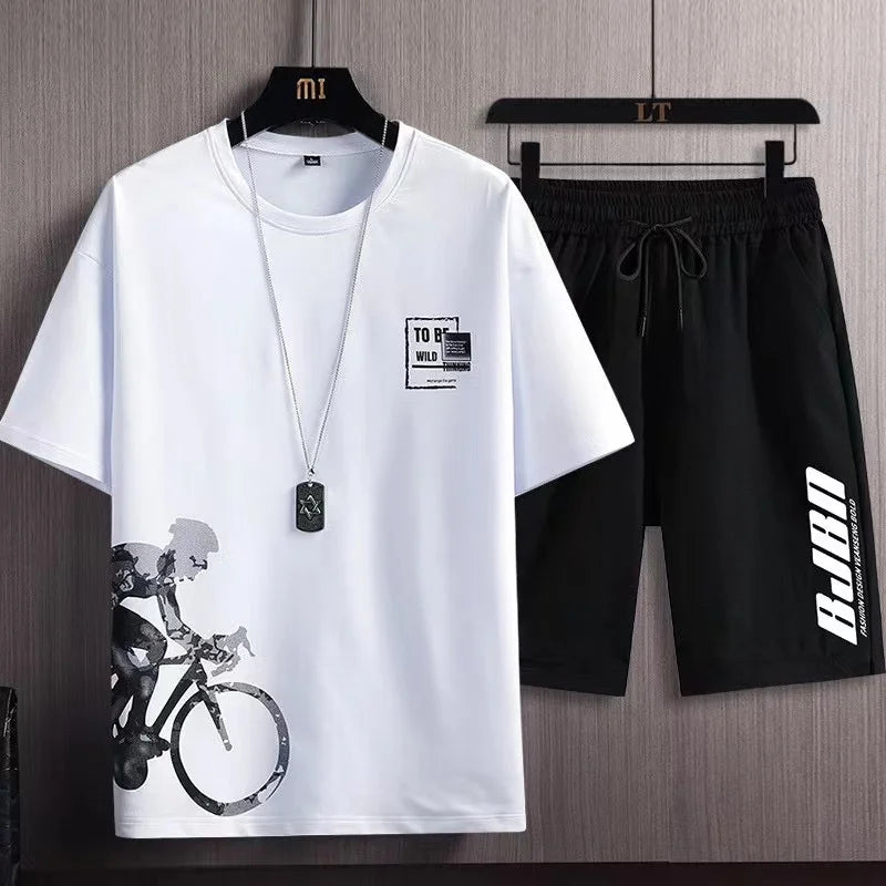 2023 Summer Men's Tracksuit 2 Piece Set Fashion Casual Solid Short-Sleeved T-Shirt and Shorts Sport Suit Breathable Man Clothing