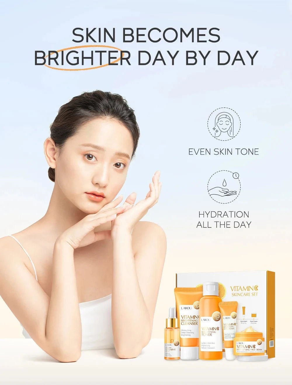 Vitamin C Skincare Set 5pcs(Cleanser-Toner-Serum-Eye Serum-Face Cream) + Natural Antioxidant Ingredients, Nourish Even Skin Tone