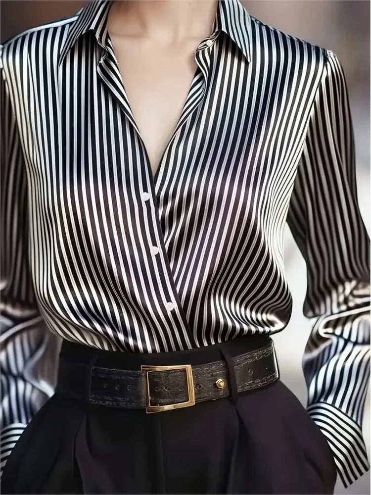 Lady Striped Shirt Fashion Long Sleeve Turn-down Collar Button Shirts Tops For Women Casual Office Holiday Spring Autumn Clothes