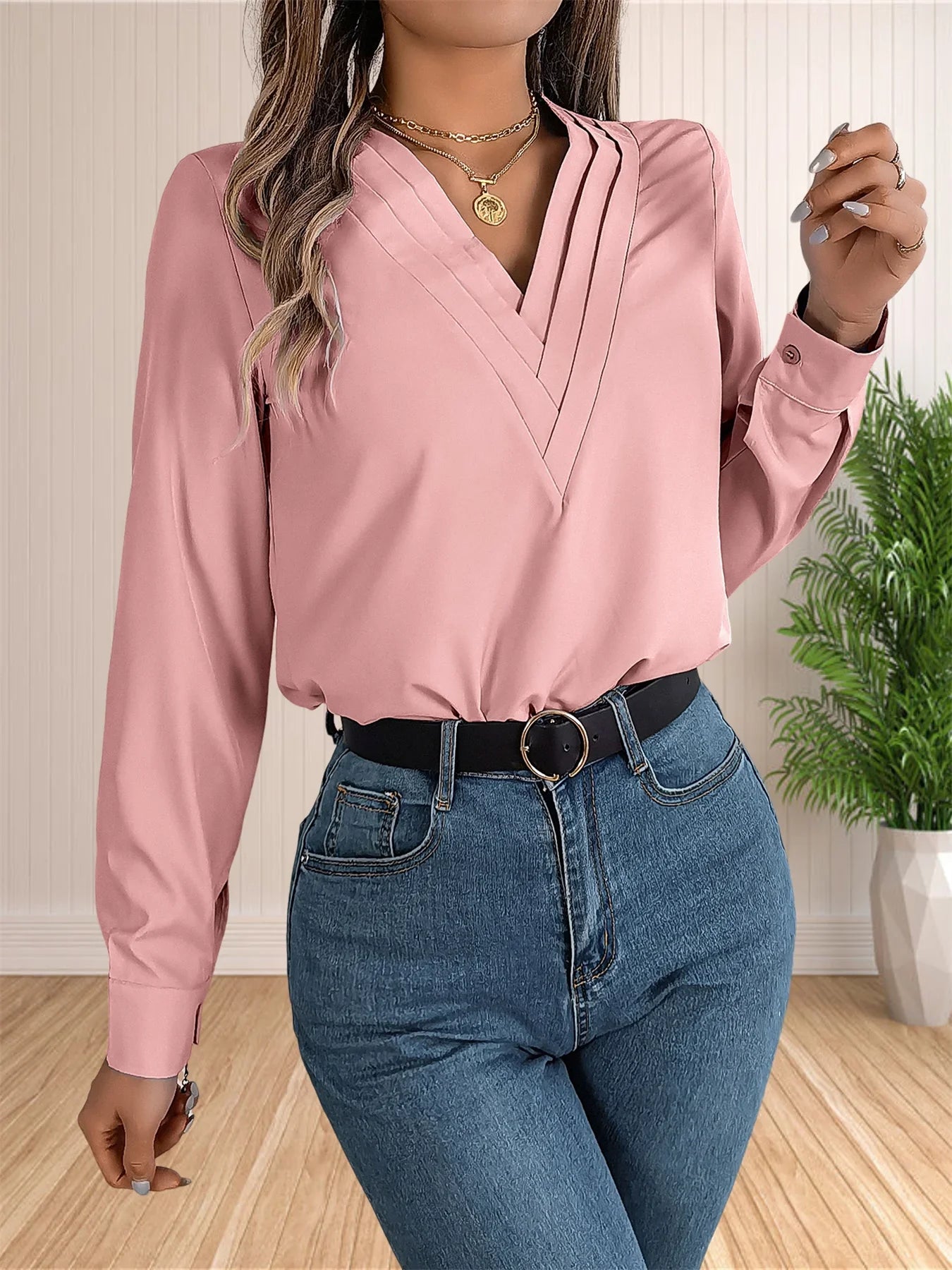 Elegant Layered V-Neck Office Blouse