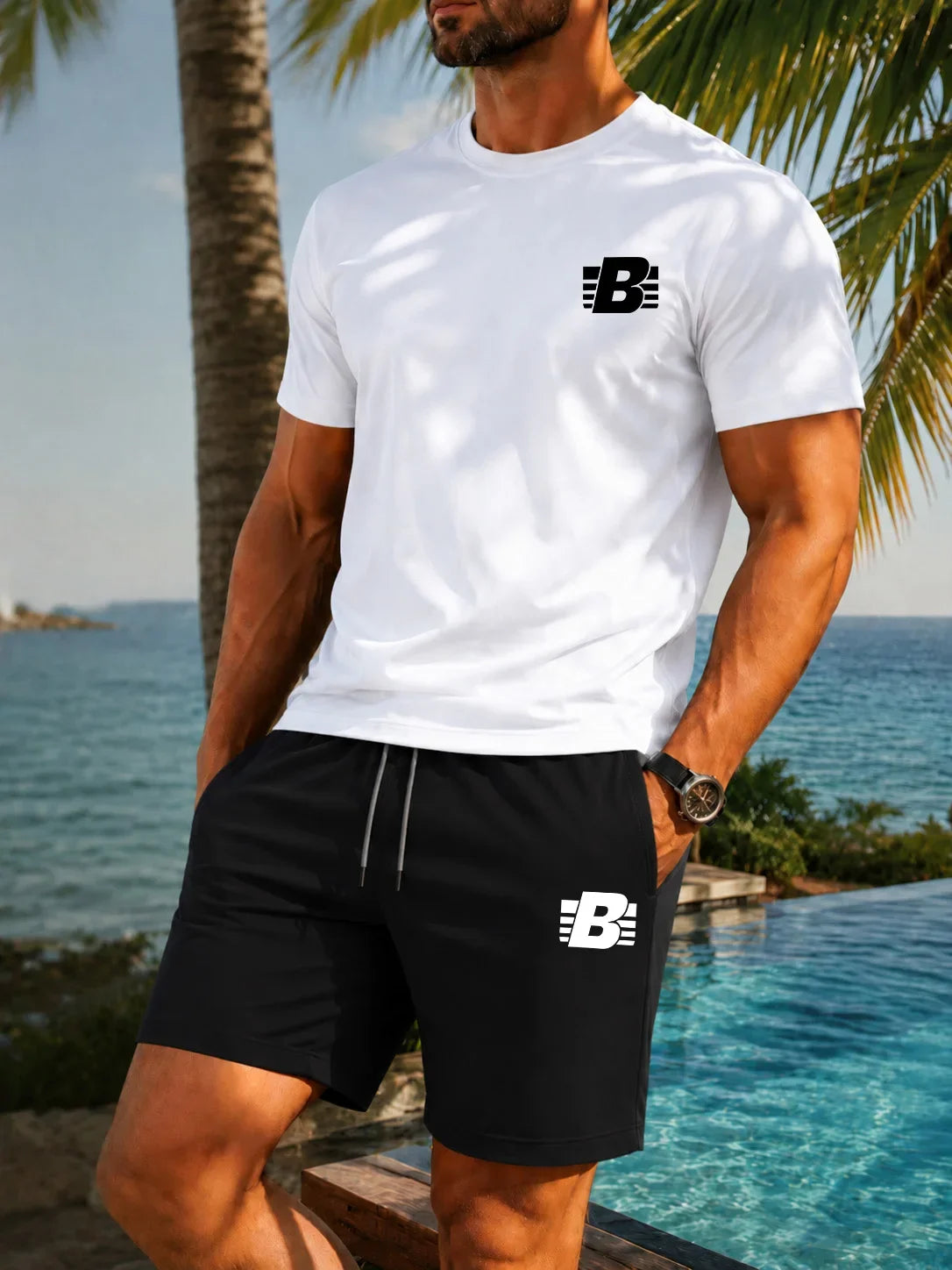 Men's 2-Piece Tracksuit Casual Sportswear Set Short Sleeve T-Shirt + Shorts Quick Dry Breathable Gym Fitness Running Outfit