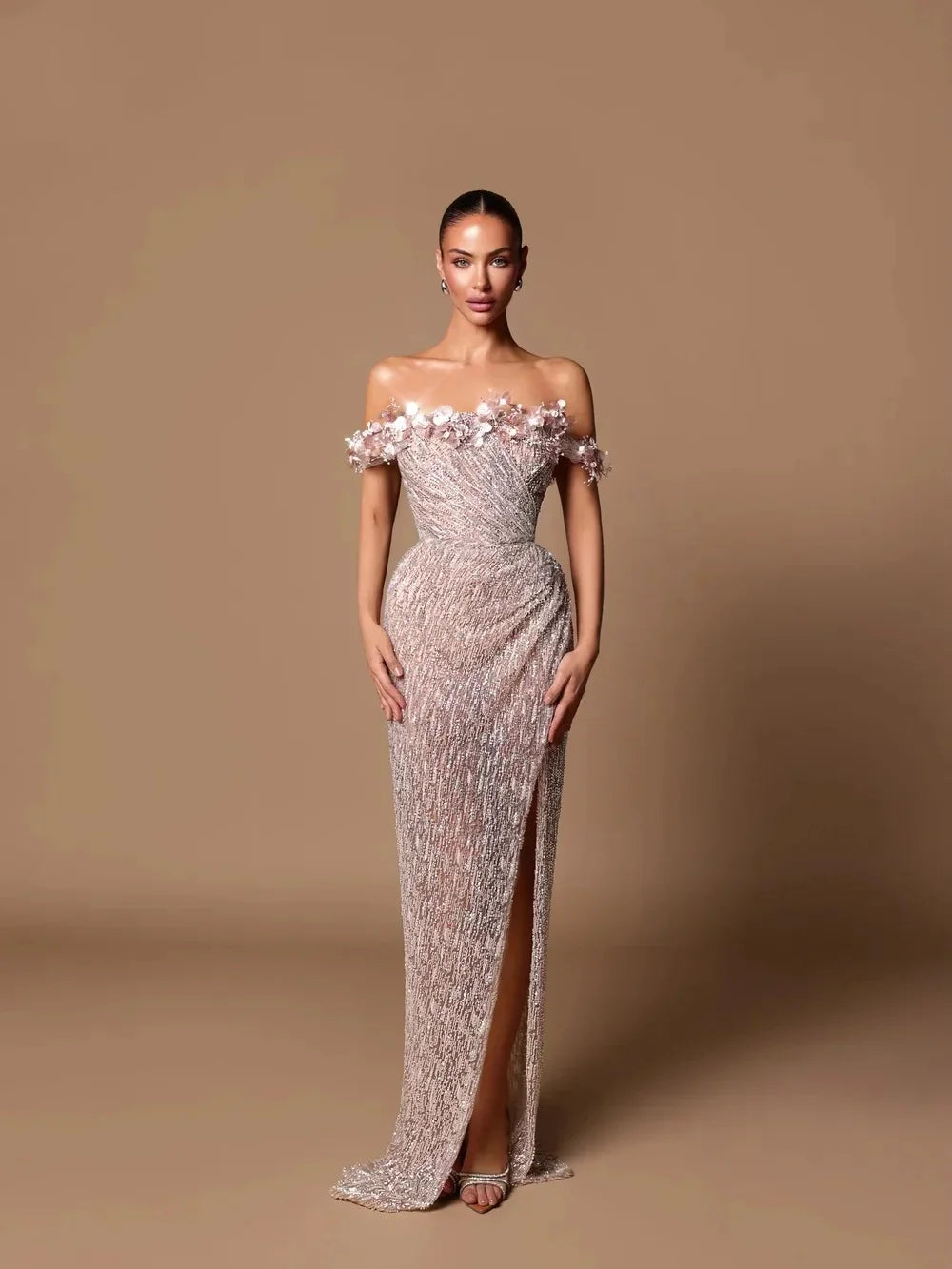 Elegant Off The Shouldre Evening Dresses Sexy Floral Appliques Sequined Prom Dress Customized High Side Slit Party Gown
