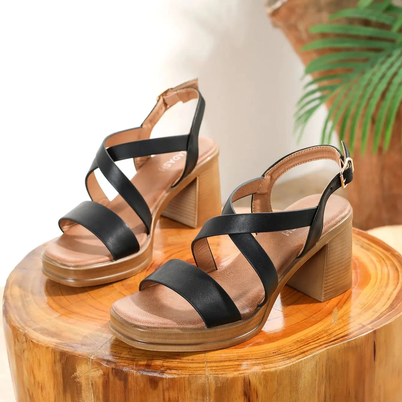 Women Cross Toe Square Heel Sandals