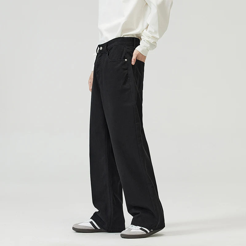 100％ Cotton Men's Baggy Straight Jeans Comfortable Soft Casual Pants Fashion Korean White Brown Denim Trousers Male Clothing