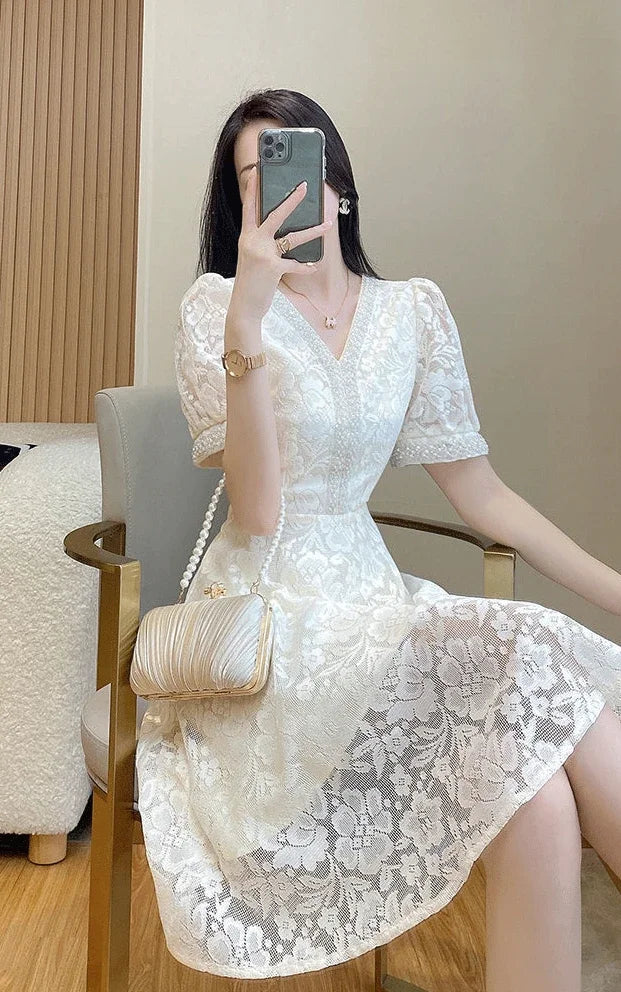 Elegant White Lace Puff Dress