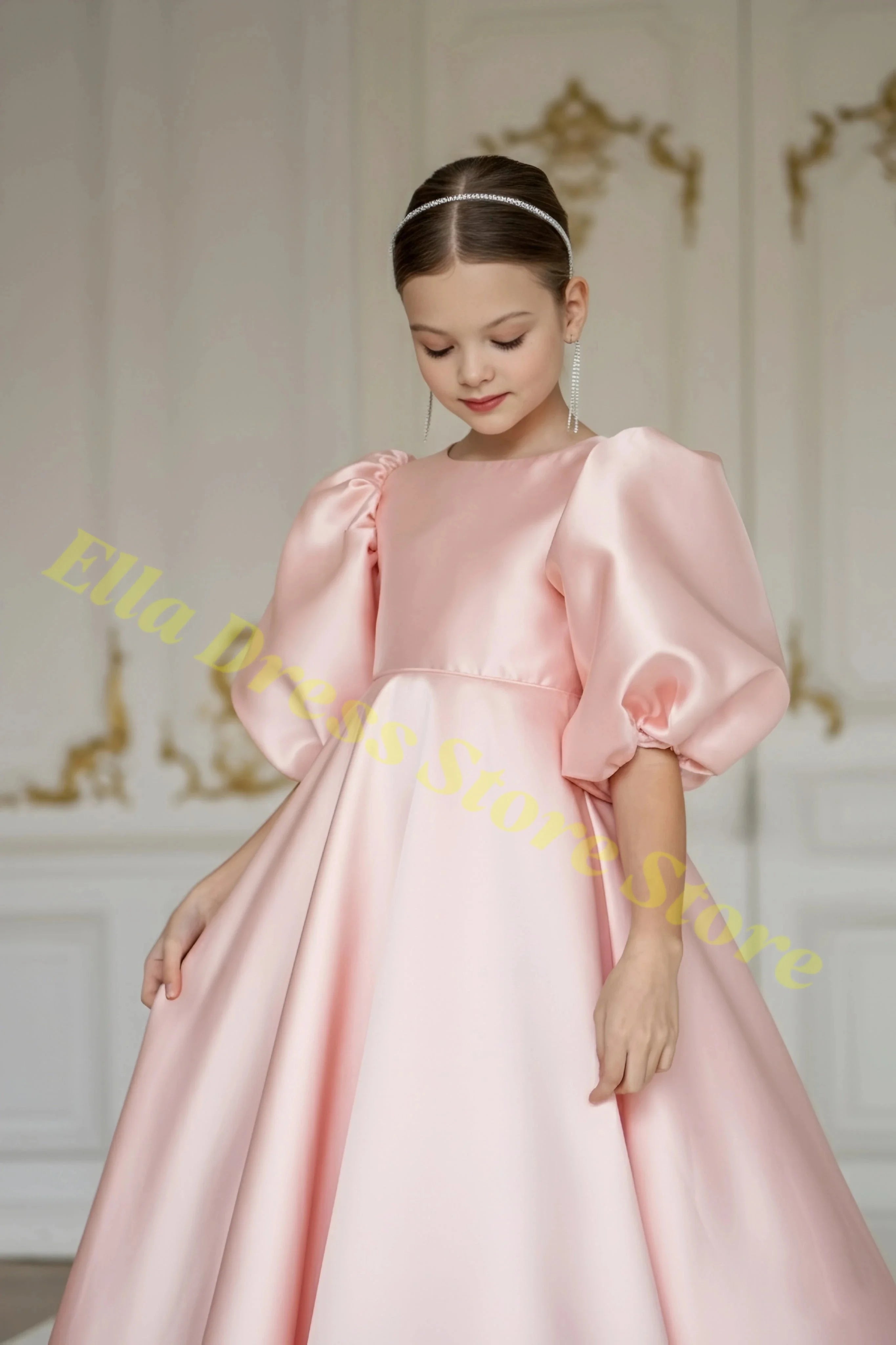 Elegant Girls Wedding Party Dress Satin Flower Girl Dress Bows Half Sleeves Formal Gala Dresses for Bridesmaid Dress Wholesale