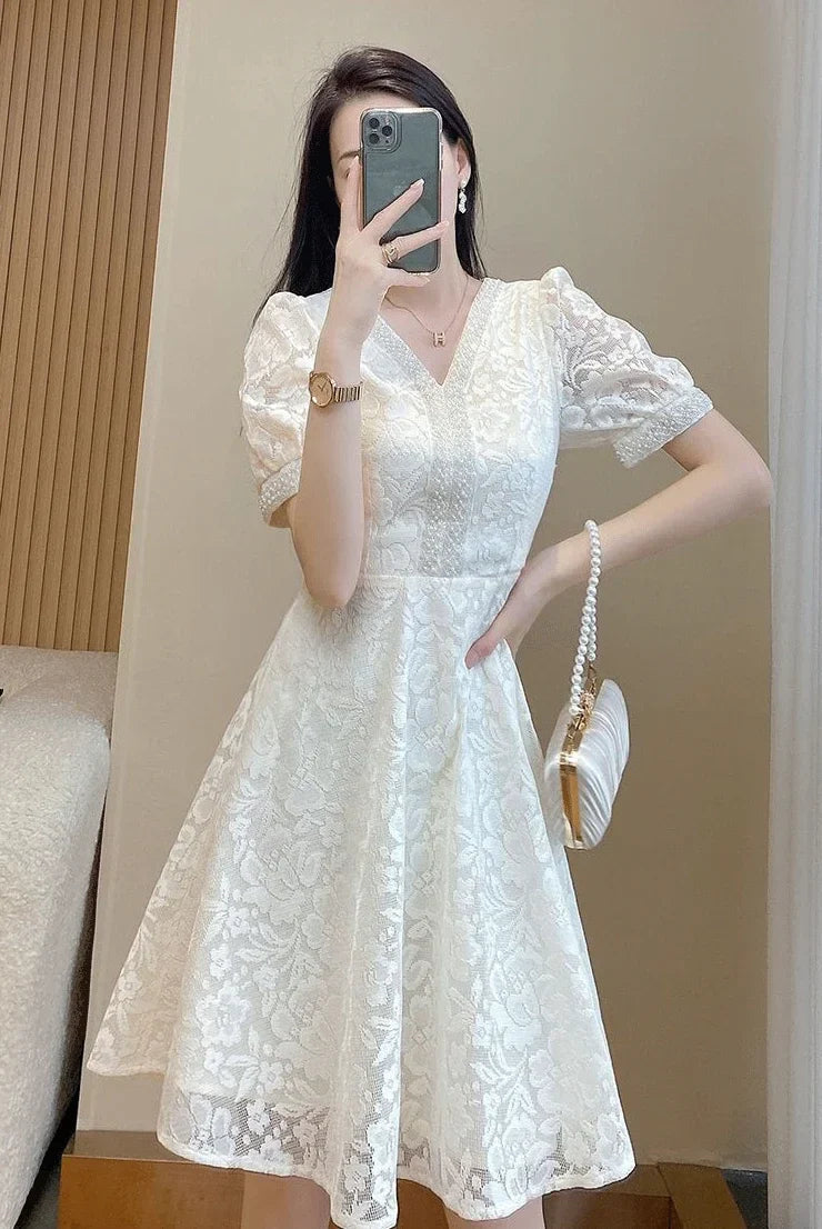 Elegant White Lace Puff Dress