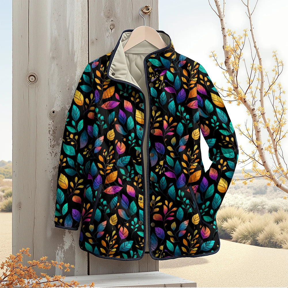 Quilted Leaf Print Winter Jacket