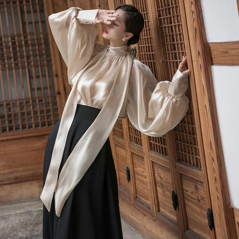 Elegant Chiffon Lantern Sleeve Blouse