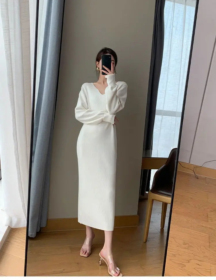French Knit V-Neck Midi Dress