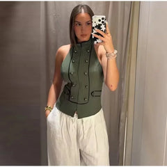 Women's Top 2026 Summer Elegant Fashion Silky Vacation Halter Neck Backless Sexy Unique Army Green Beach Style Party Women's Top