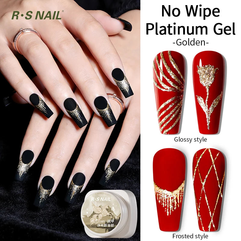 RSNAIL 5g No-Wipe Platinum Gel Nail Polish for Summer Reflective Sparkle Metallic Golden Silvery Drawing Liner Manicure Varnish