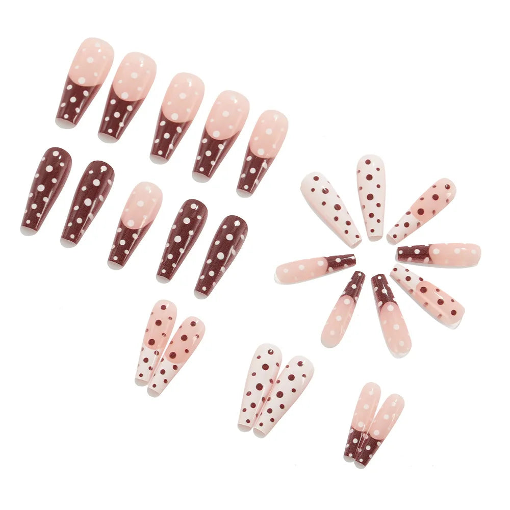 Medium long fake nails for women girls pink white black red blue brown polka dots design almond ballet tips press on false nail