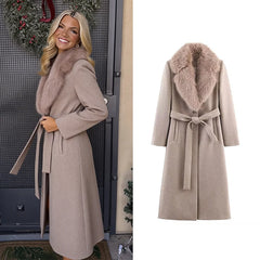 Elegant Belted Fur Collar Overcoat