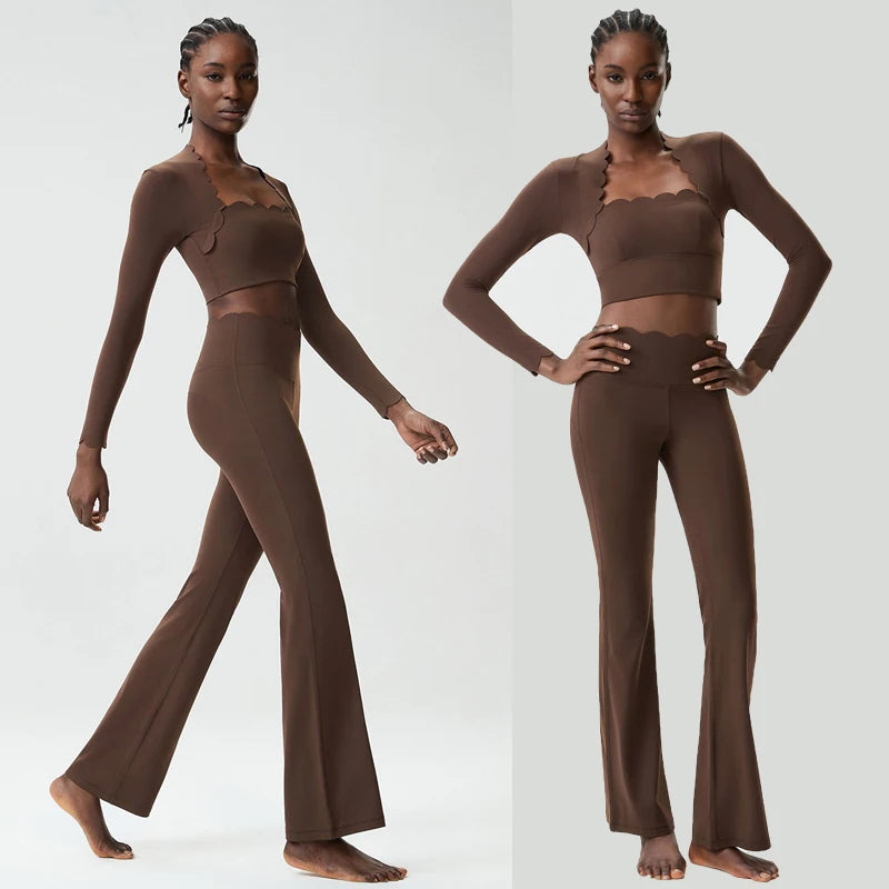 Women Two Pieces Fitness Yoga Set Solid Color Long Sleeve Gym Sportswear Breathable Quick Dry Workout Clothes Female Suit