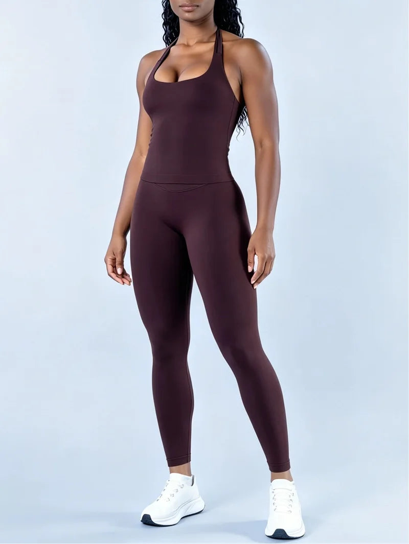 Women Yoga Set Seamless Sports Halter Neck Top Waist Trainer Leggings Suit Squat Proof Butt Lifting Workout Fitness Gym Clothing