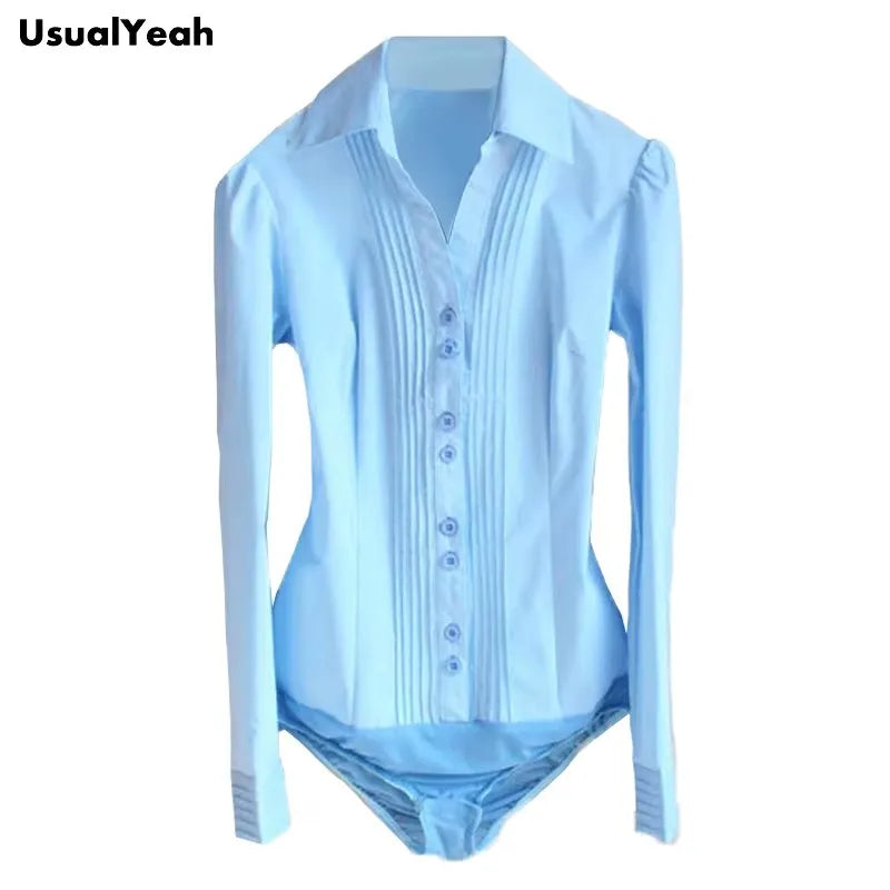 Elegant Pleated Office Bodysuit Blouse
