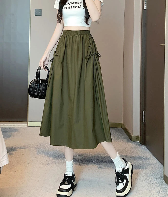 Drawstring Cargo A-Line Midi Skirt