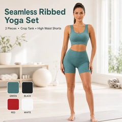 Seamless Ribbed Yoga Set 2 Piece Workout Outfit, Crop Tank Top & High Waist Biker Shorts Gym Suit for Fitness, Running, Pilates