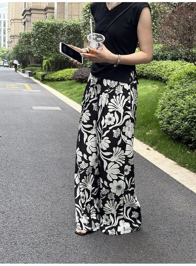 Wide-leg Pants for Women Summer Thin Printed New Style Drawstring Elastic Loose Straight Casual