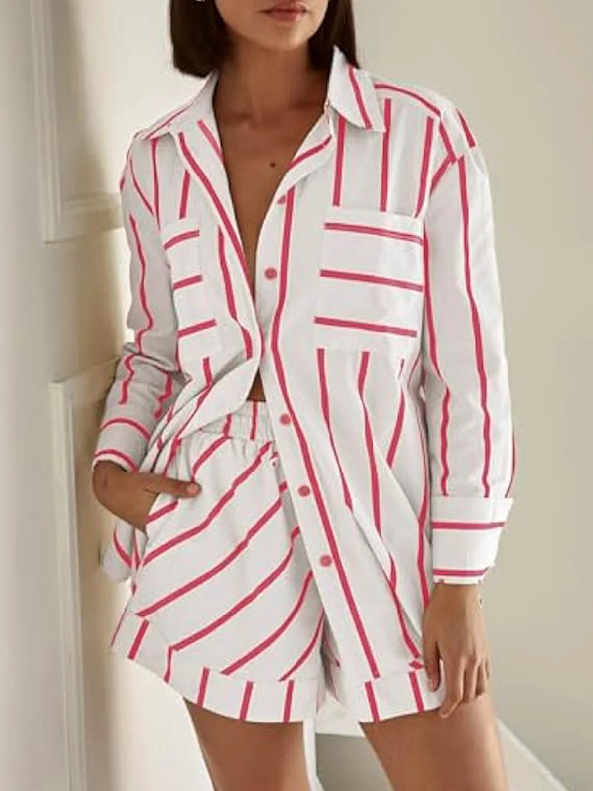 Striped Button Blouse Shorts Set
