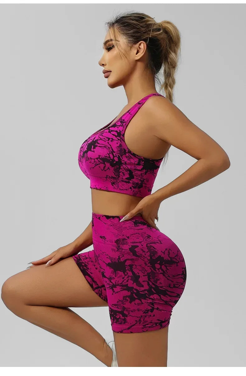 Women Seamless Tie Dye Yoga Set Quick Dry Sports Bra Shorts Lightweight Breathable Workout Outfit