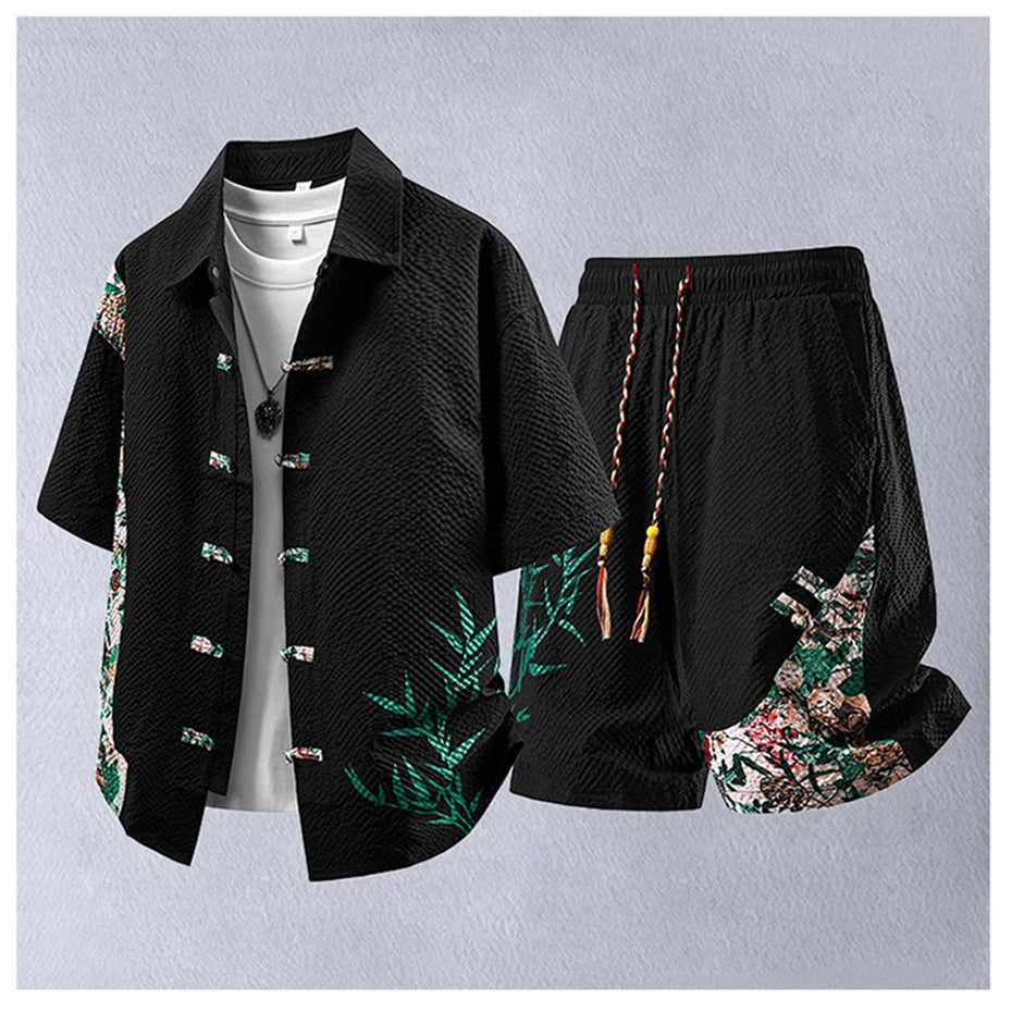 Summer Tracksuits Men Traditional Chinese Style Suit Shirt Shorts Tang Suit Male Fashion Casual Summer Sets