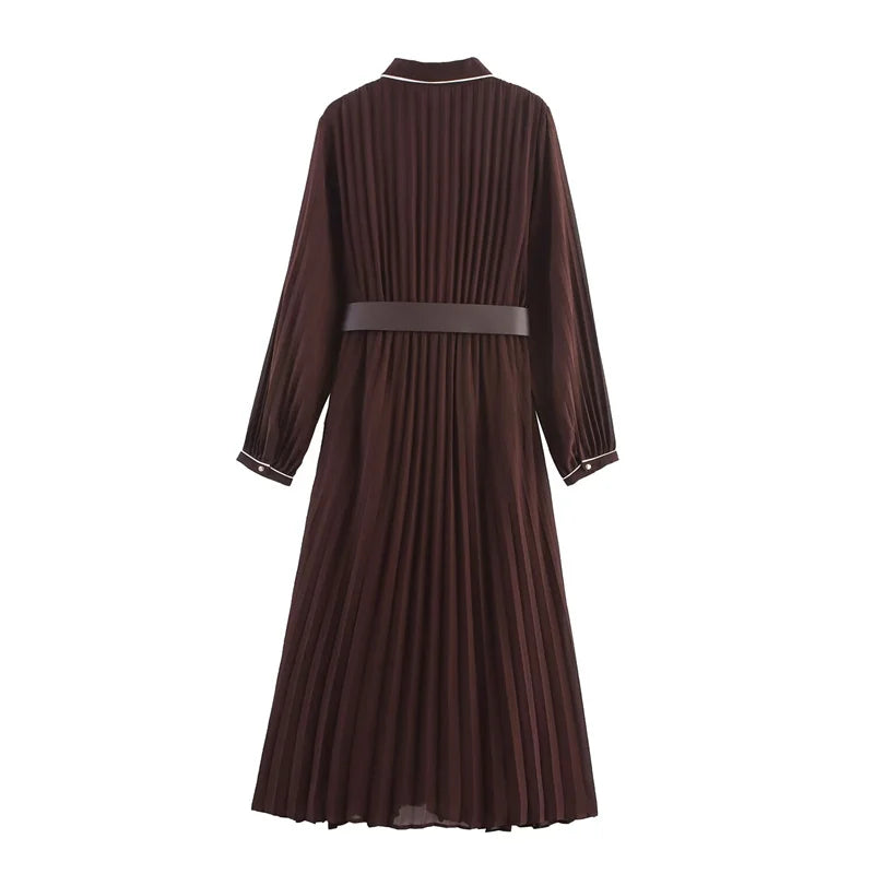 Elegant Pleated Belted Midi Dress