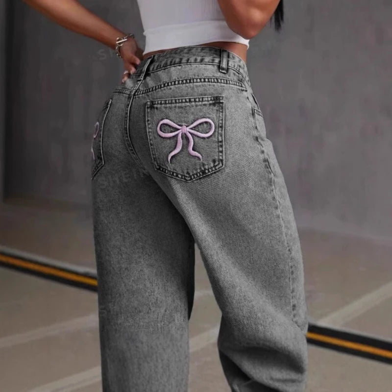 Mens Jeans Vintage Bow Embroidery Washed Denim Pants Harajuku Unisex Loose Fit Straight Leg Streetwear Casual Fashion Trend New