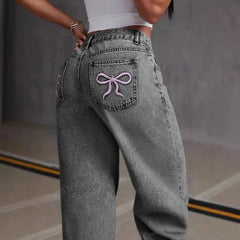 Mens Jeans Vintage Bow Embroidery Washed Denim Pants Harajuku Unisex Loose Fit Straight Leg Streetwear Casual Fashion Trend New